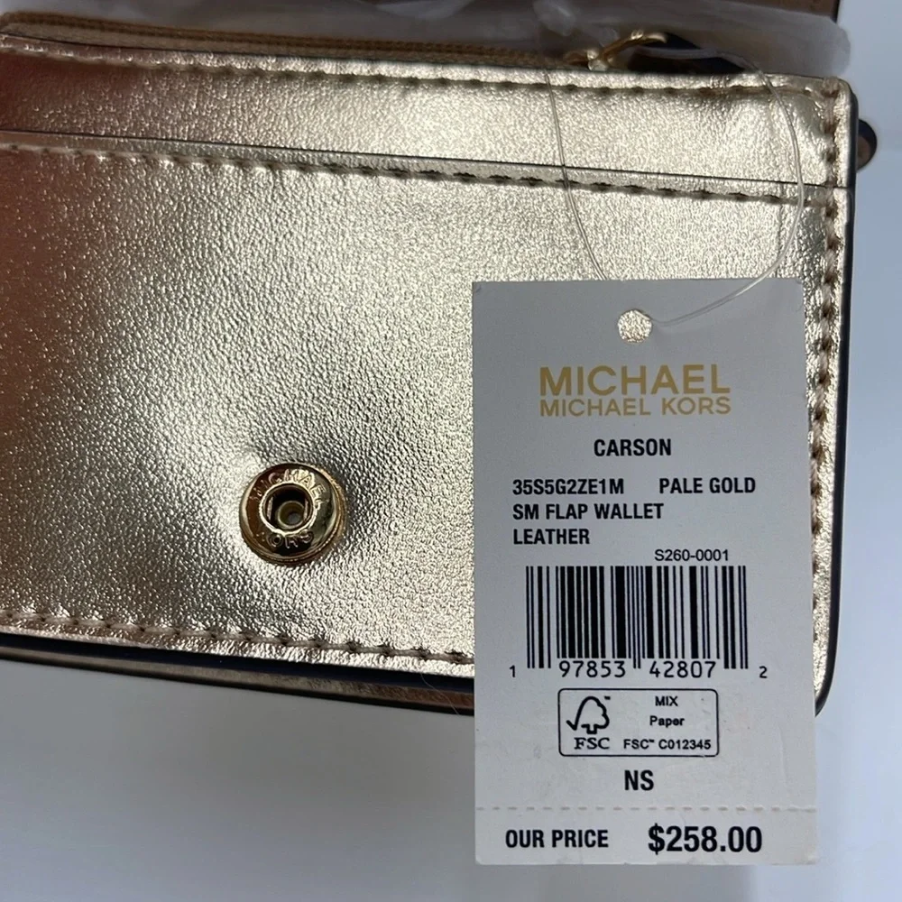 MICHAEL KORS Carson Small Metallic Pebbled Leather Wallet Pale Gold  NWT